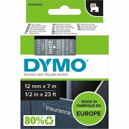 Dymo Label Tape, f/DYMO Labelmakers, 1/2inx23ft , White/Clear DYMS0720600